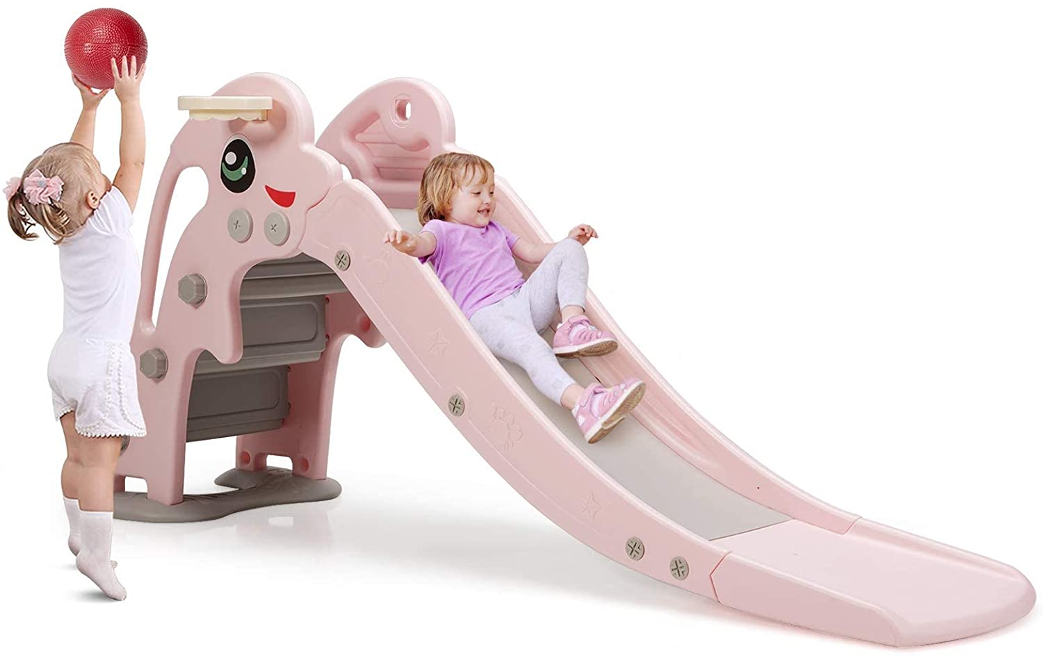 3 in 1 Slide for Kids， Toddler Large Play Climber Slide PlaySet with Extra Long Slipping Slope， Basketball Hoop， Ideal Gift for Boys and Girls Indoor Outdoor Use (Pink Dolphin)