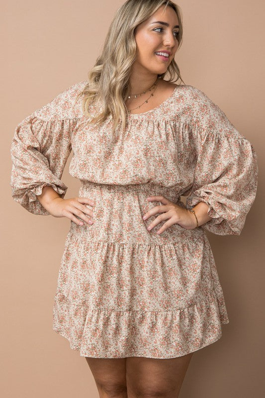 PLUS Ruffled Cuff Floral Mini Dress (Natural)