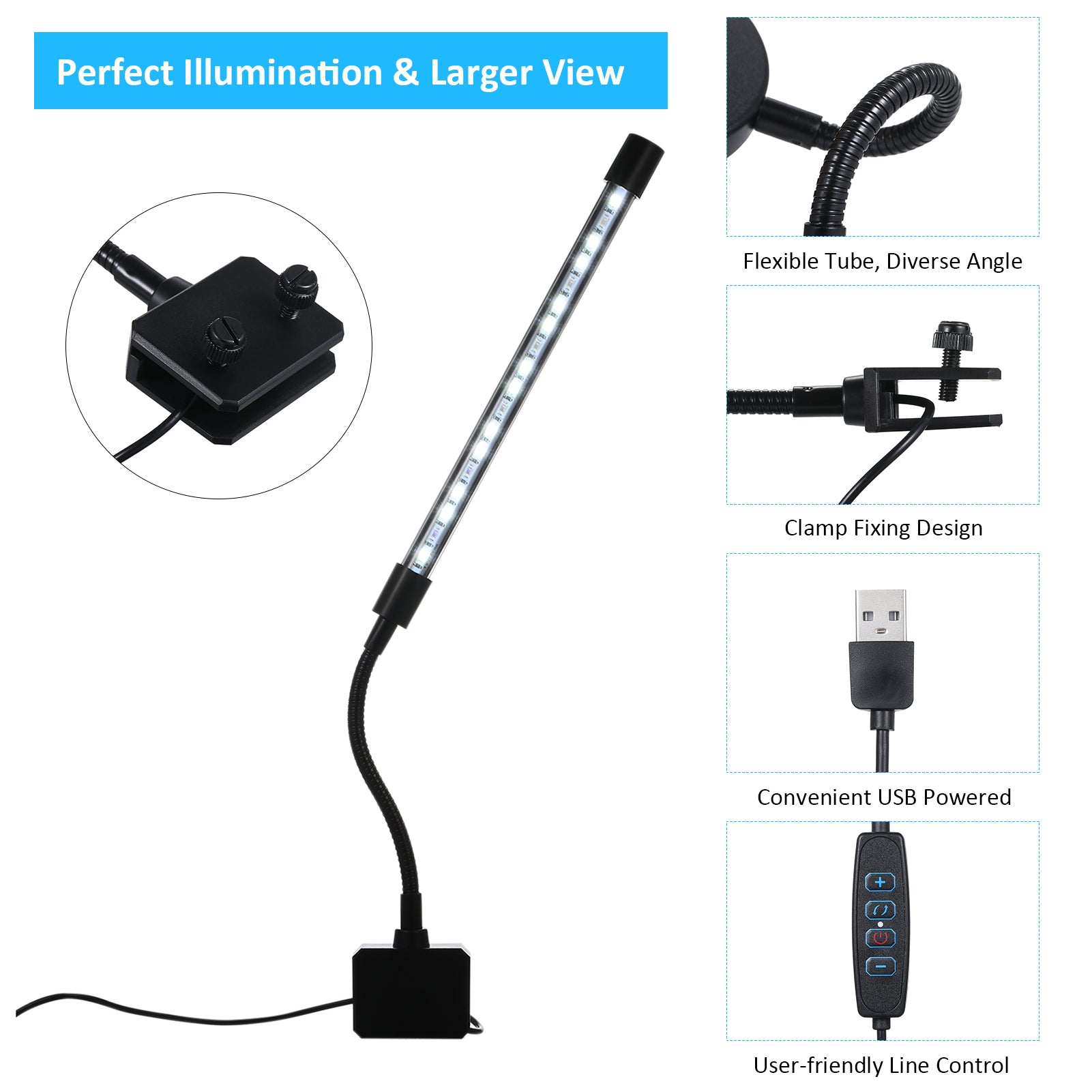 CACAGOO D C 5V 7W 18 LED Aquarium Light Fish Jar Clamp Clip View Lamp USB Powered Operated 3 Colors Changeable 10 Levels Adjustable Brightness Dimmable Flexible Bendable Foldable Tube Design Por