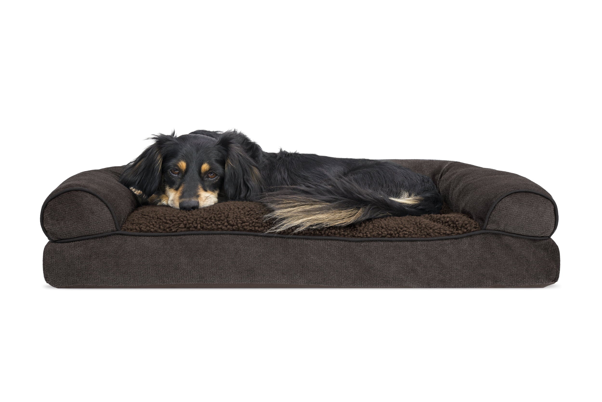 FurHaven | Faux Fleece and Chenille Soft Woven Pillow Sofa Pet Bed for Dogs and Cats， Coffee， Medium