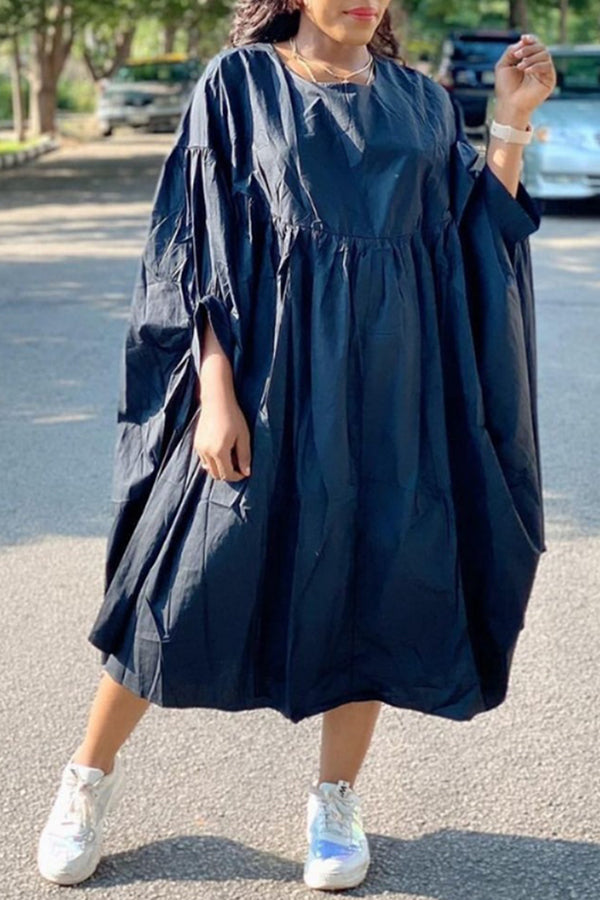 Casual Loose Solid Color Ruffle Plus Size Midi Bat Dress