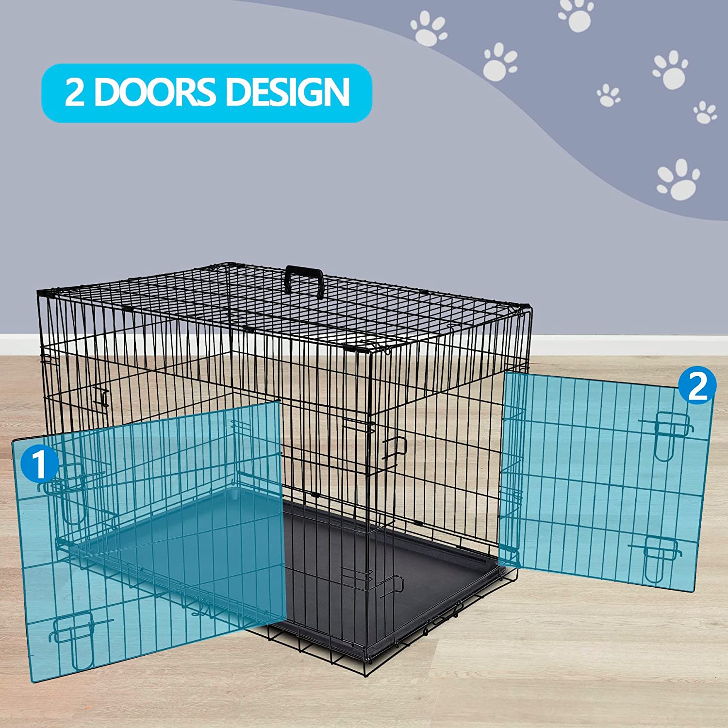 30/36/42Inches Double Door Dog Crate Folding Metal Wire Dog Kennel Cage with Tray for Small/Medium/Large Dogs Indoor Outdoor Travel Use