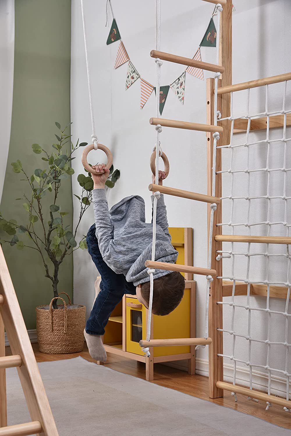 Avenlur Grove Indoor Jungle Gym Playground Wood PlaySet with Monkey Bars and Rope Wall Net， Kids Adventure， Ladder， Climber， Slide， Ring Set Play Structure Ages 2 - 11 (Large， Natural Wood)