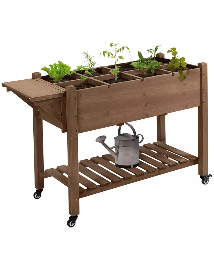 Outsunny Raised Garden Bed Planter w  8 Grow Grids， Shelf Lockable Wheels