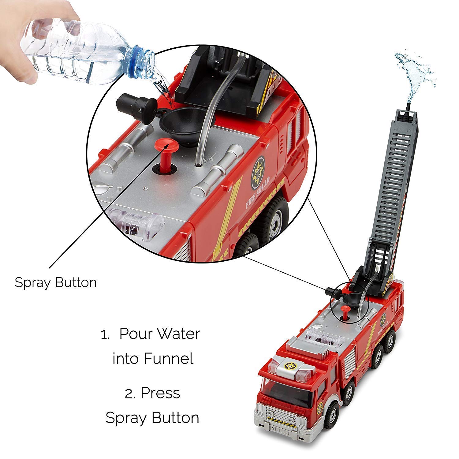 Top Race Fire Engine Truck with Water Pump Spray， Extending Rescue Ladder， and Flashing