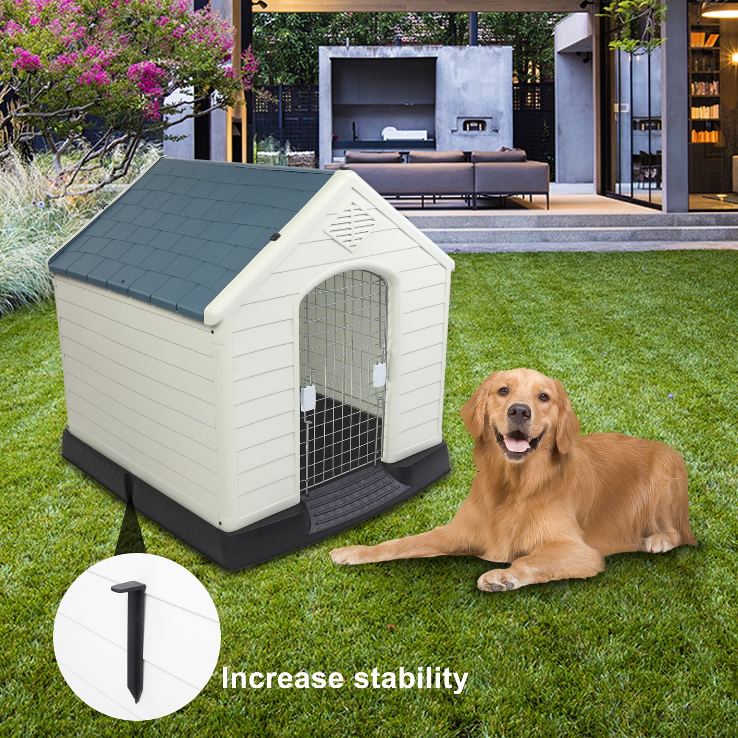 VINGLI Plastic Dog House， Pet Dog Kennel for Small Medium Sized Dogs with Door