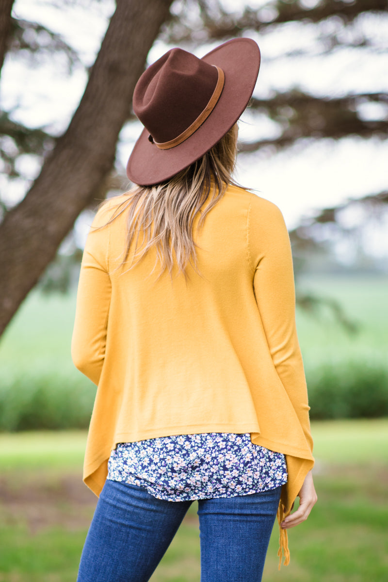 Mustard Fringe Trim Cardigan