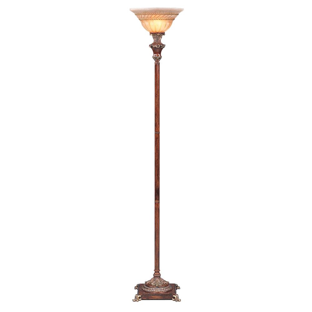 HomeRoots 431805 69 in. Faux Wood Torchiere Floor Lamp with Brown Stained Glass Bell Shade, Brown