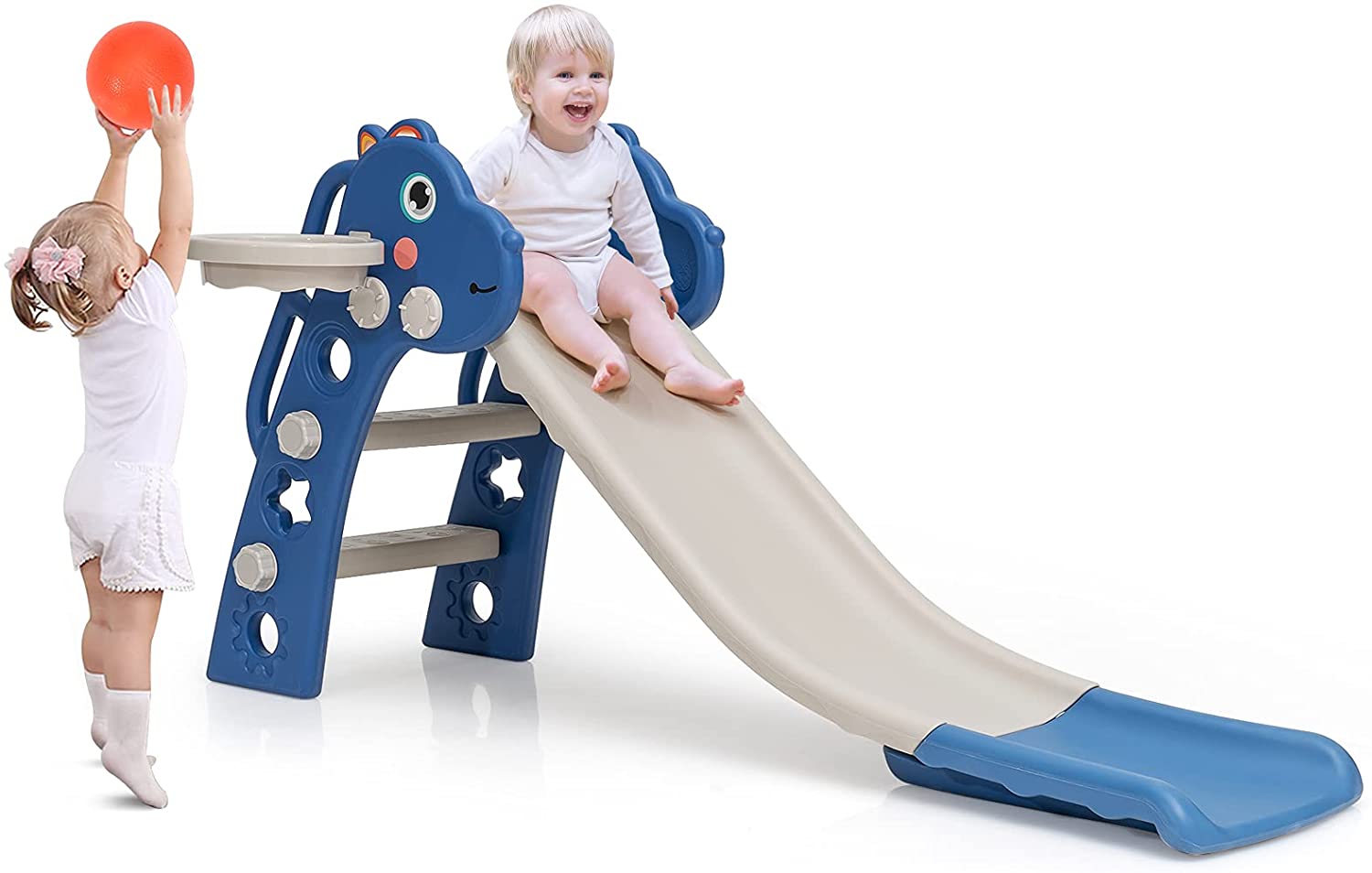 3 in 1 Slide for Kids， Toddler Slide Climber Set for Indoor Outdoor， Freestanding Baby Game Slide with Extra Long Slipping Slope， Basketball Hoop and Ball for Boys and Girls (Blue)