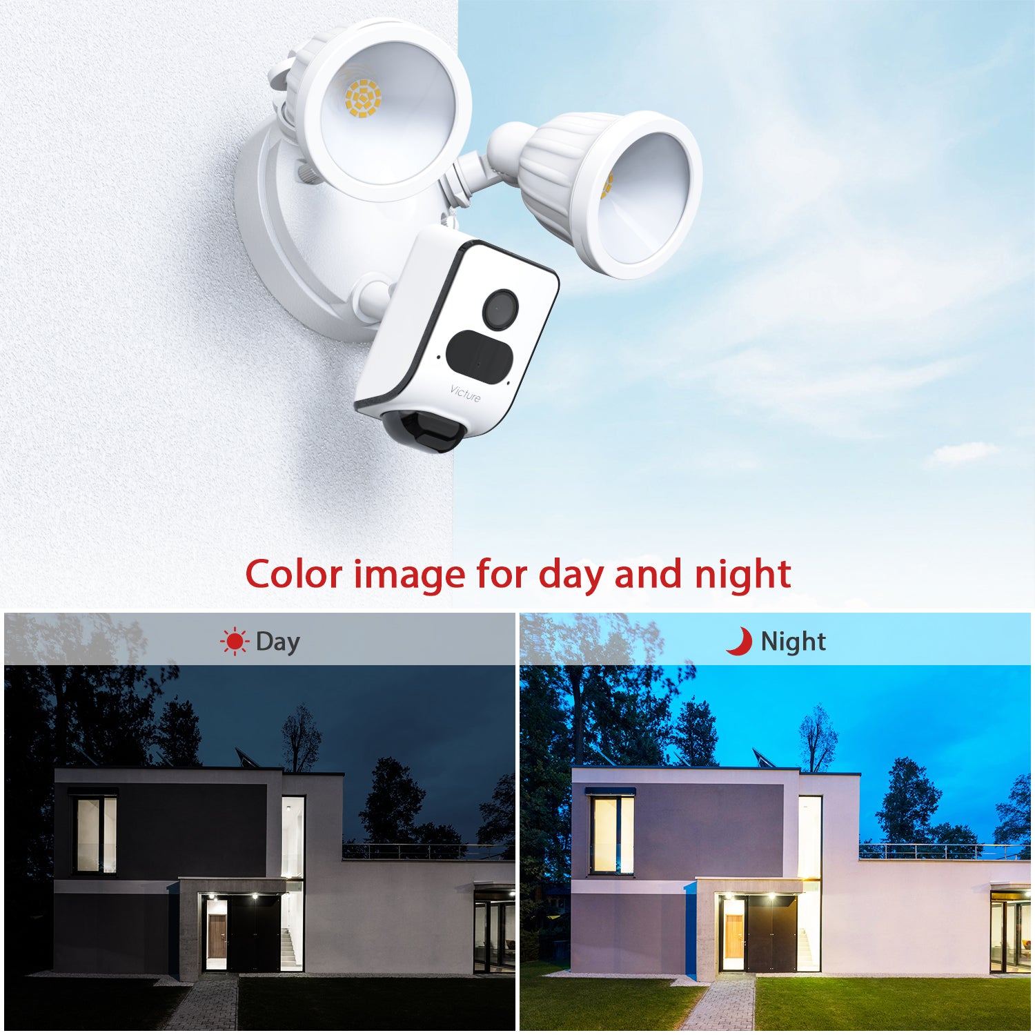 Victure FC920 Floodlight Outdoo Camera， 24/7 Record， Night Vision， Motion-Activated.LED Light，Wireless Connection