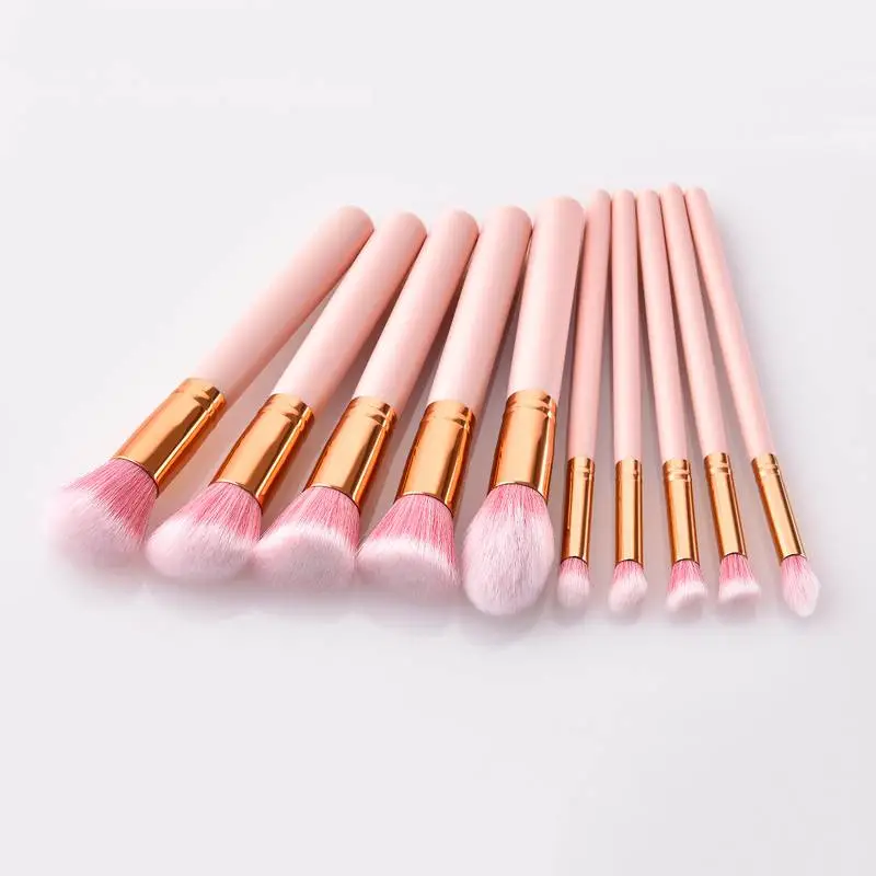10pcs Pink Wood Handle Eyeshadow Foundation Makeup Brushes Set