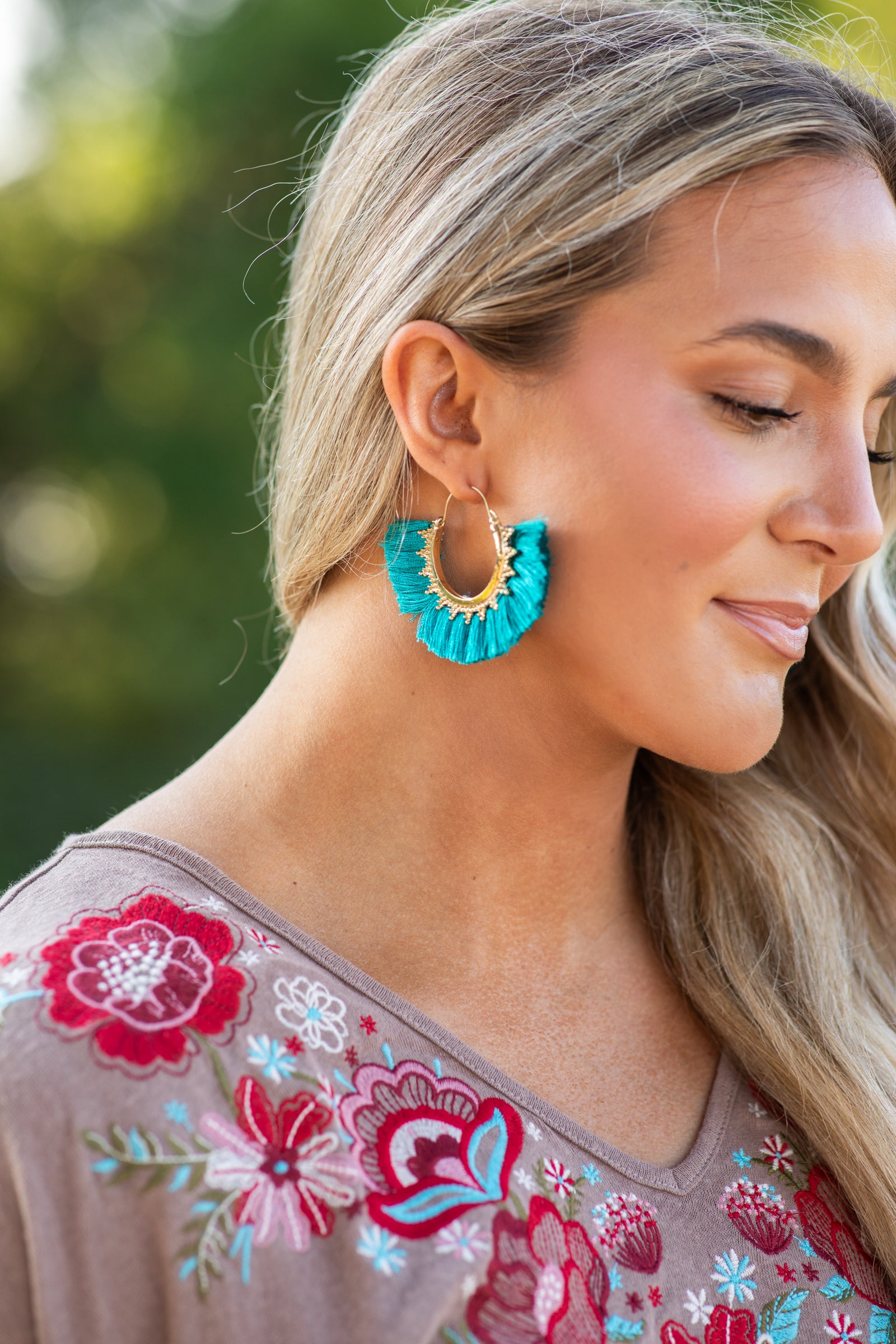 Teal and Gold Round Fan Tassel Earrings