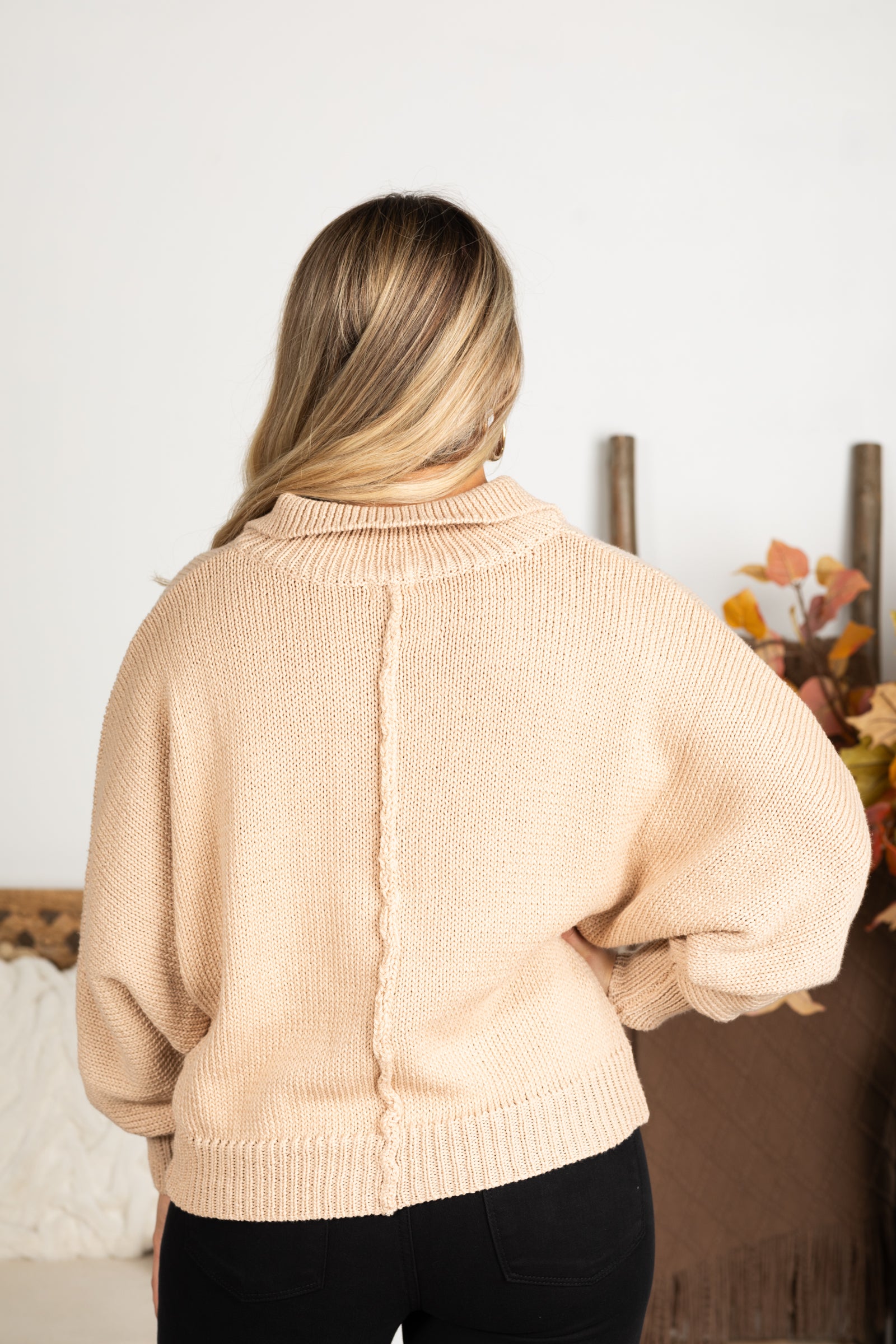 Dolman Sleeve Mock Neck Pearl Button Sweater