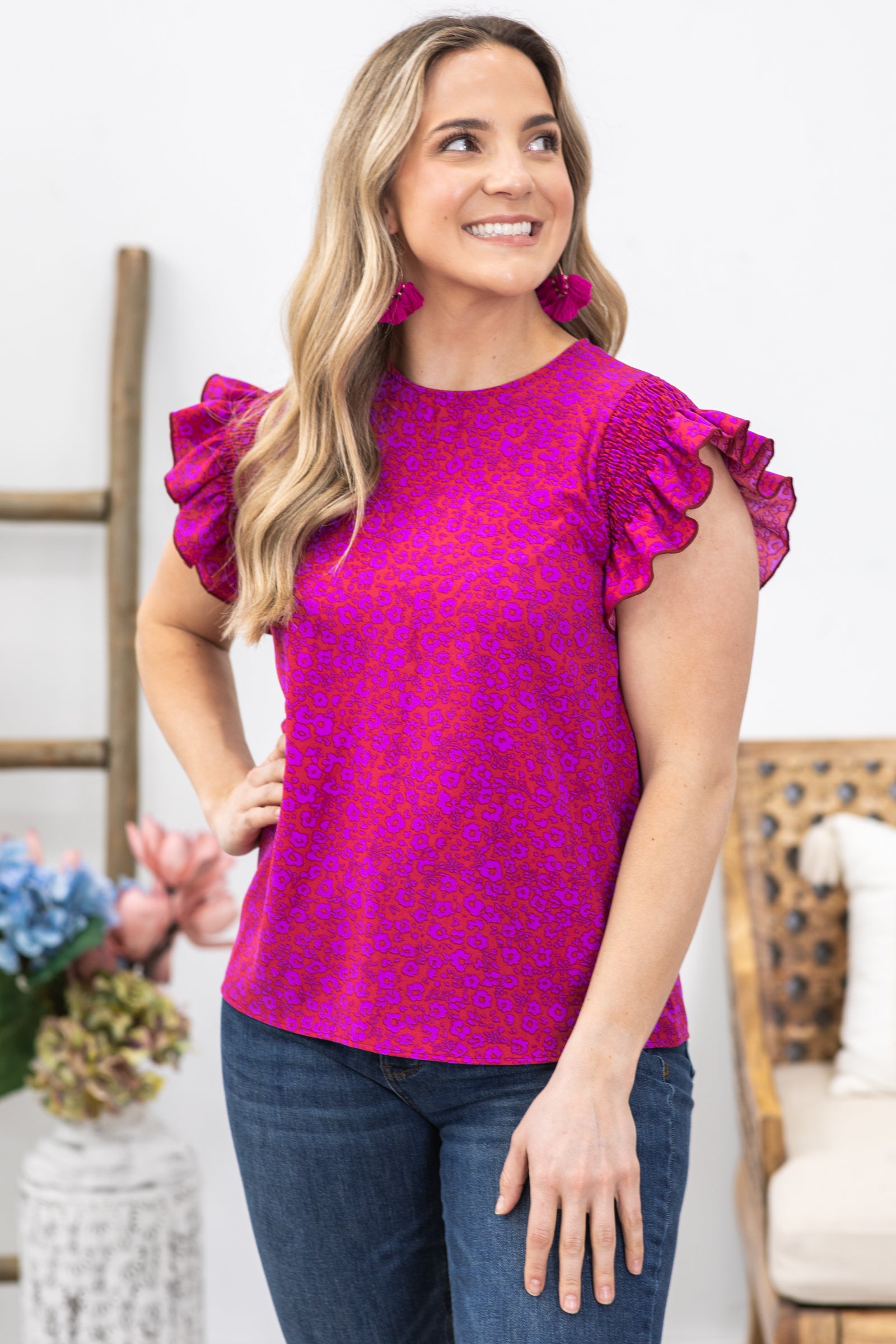 Raspberry Smocked Ruffle Sleeve Woven Top