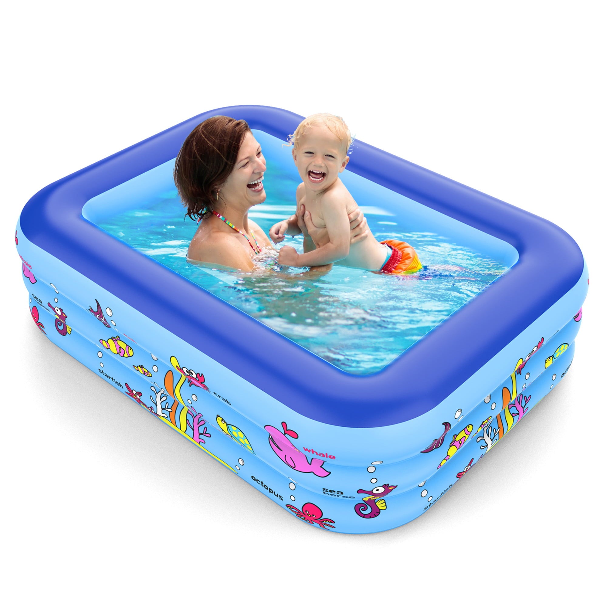 Growsly Summer Pool For Kid 3 Rings Large Inflatable Rectangle Swim Pool， Inflatable Swim Pool， 59