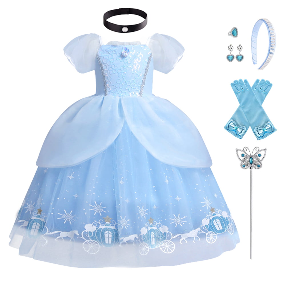 IMEKIS Cinderella Costume for Toddler Girls Princess Costumes Cinderella Dress Up Jewelry Set Crown Fairy Wand Baby Kids Halloween Cosplay Role Play Birthday Outfit 4-5 Years Blue White