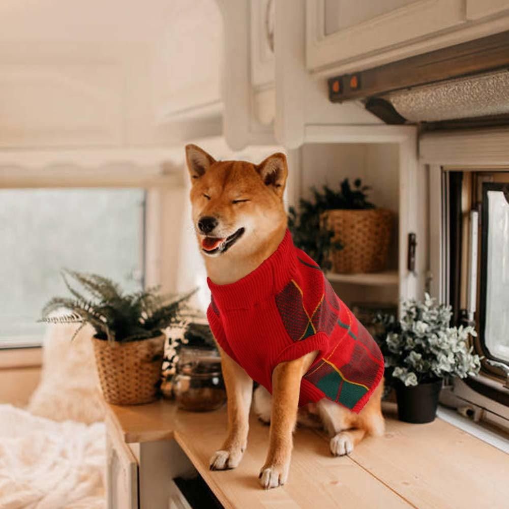 ROZKITCH Classic Plaid Dog Sweater， Puppy Festival Winter Warm Knit Vest， Pet Apparel Clothes， Red Green Plaid Xmas Knitwear Turtleneck Sweatshirts for Dogs Cats