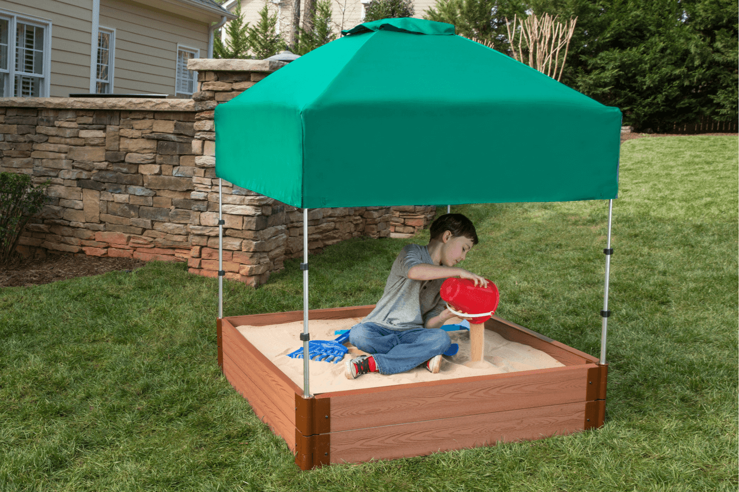 Frame It All Tool-Free Classic Sienna 4ft. x 4ft. x 11in. Composite Square Sandbox Kit with Telescoping Canopy/Cover - 2