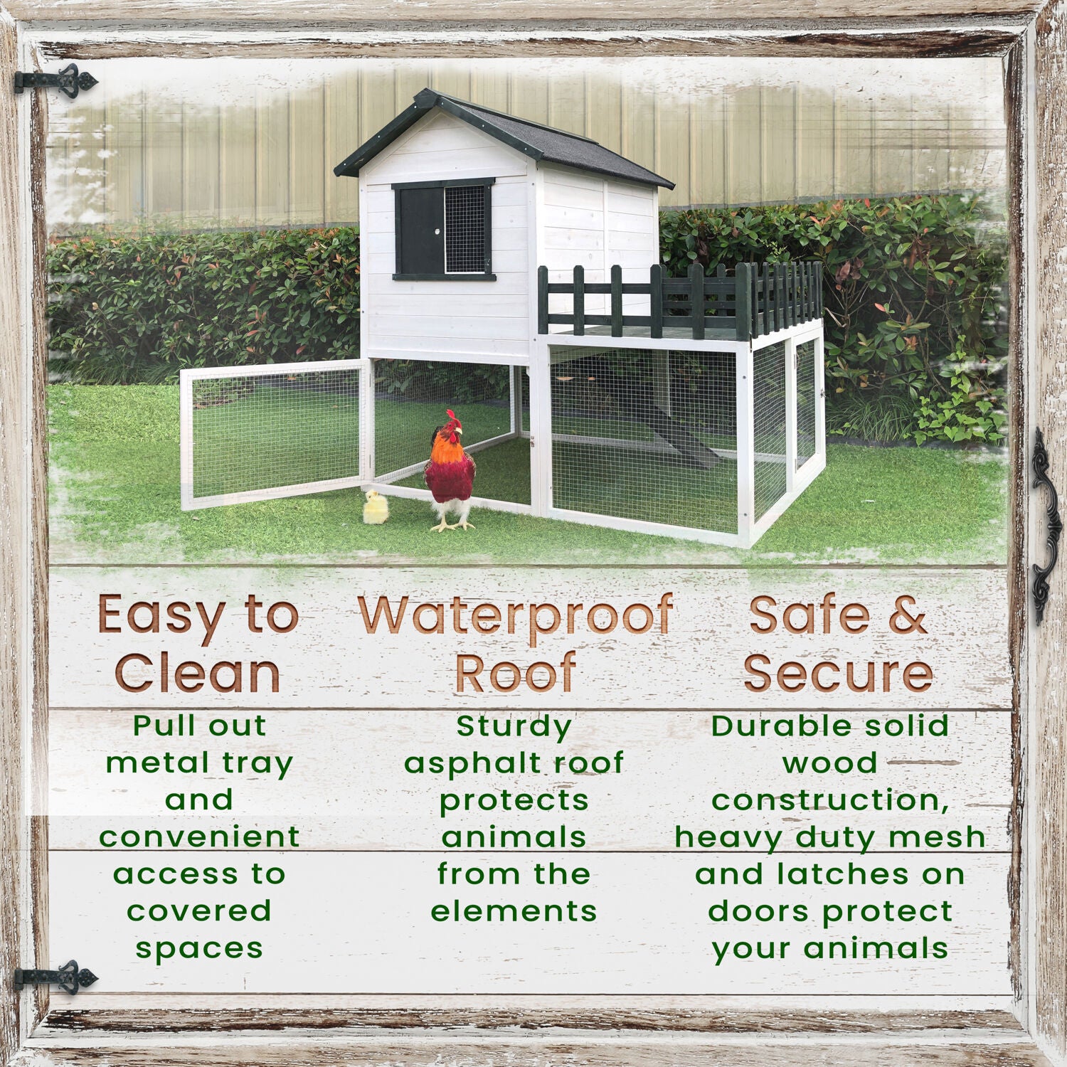 Hanover Elevated Wooden Chicken Coop with Ramp， Planting Area， Wire Mesh Run， Waterproof Roof， 4.25 Ft. x 4 Ft. x 4.2 Ft.
