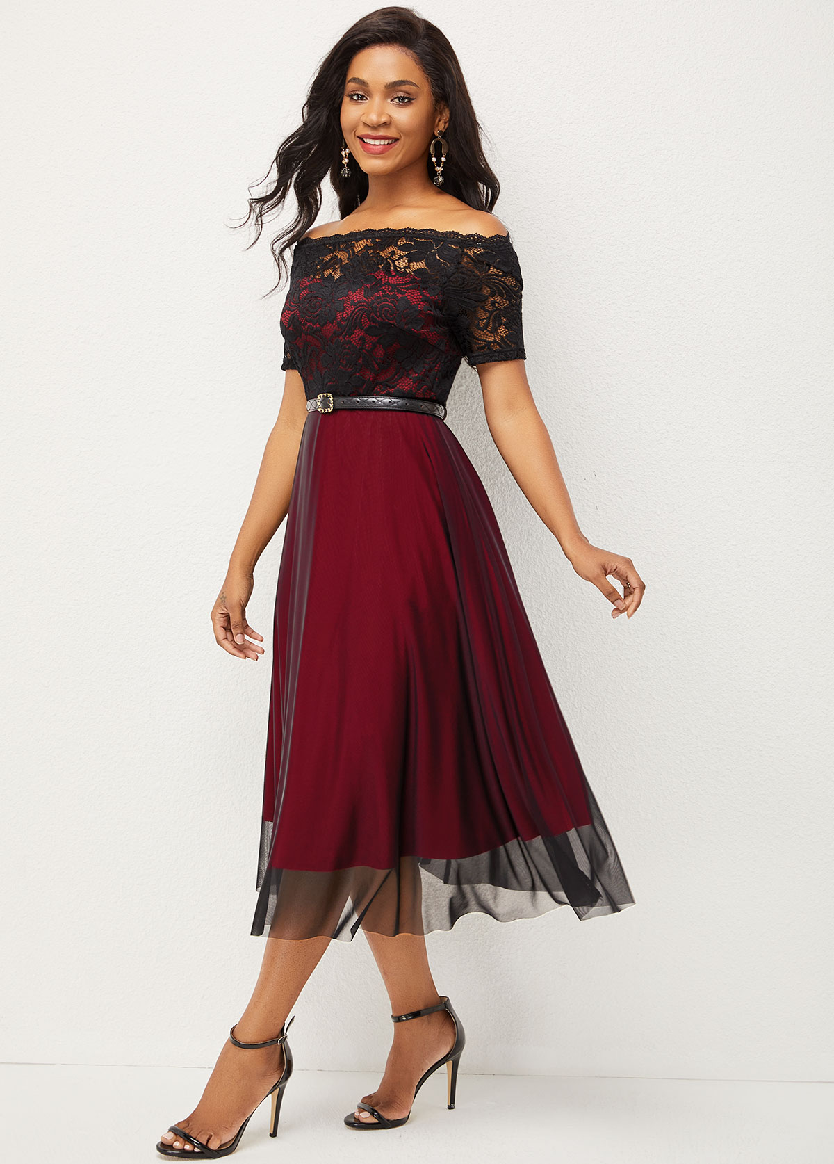 Lace Patchwork Off Shoulder Short Sleeve Dress