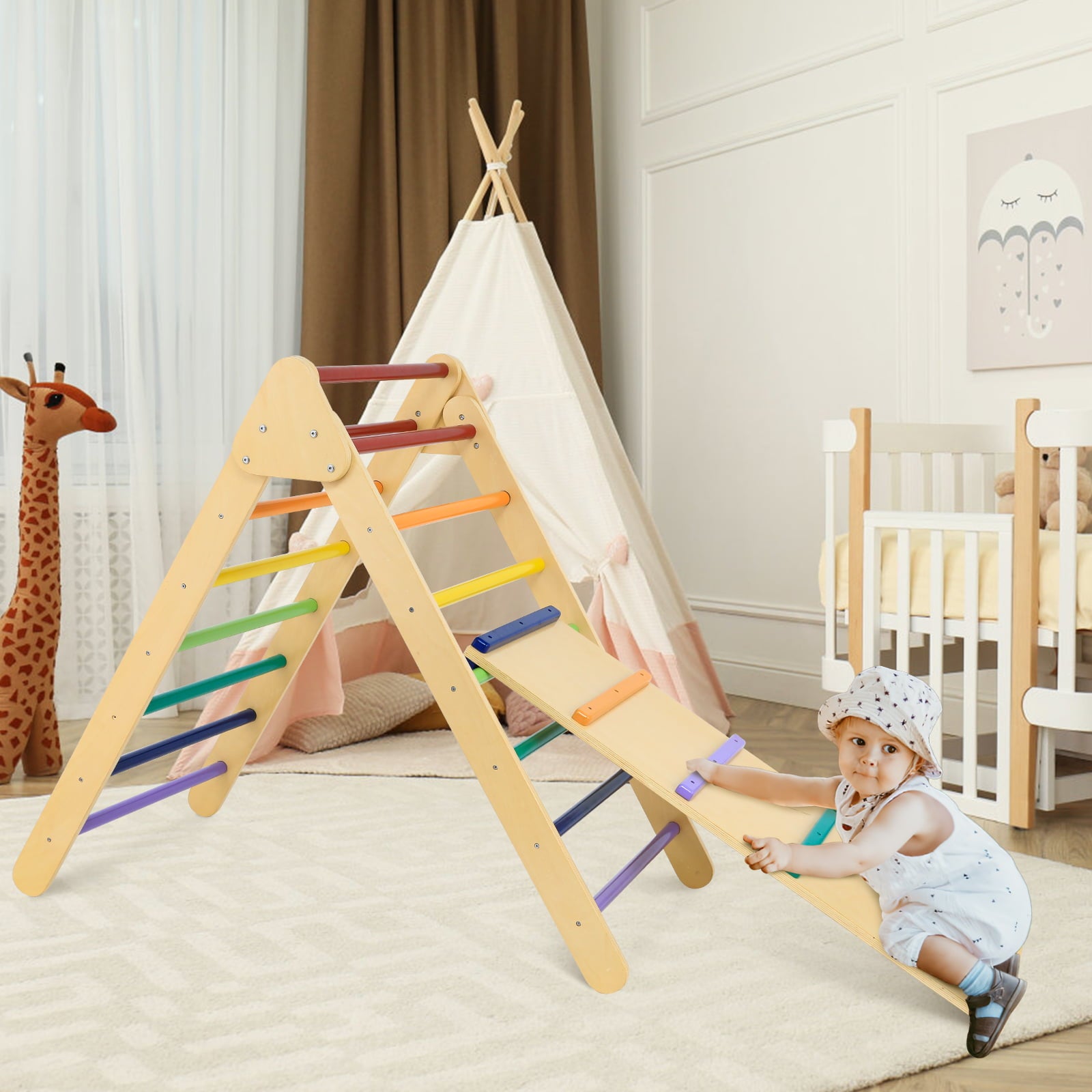 LAZY BUDDY Foldable Climbing Triangle with Ramp， Wooden Climber Ladder Indoor Outdoor Sliding Climbing Toy for Kids 2-7 Years