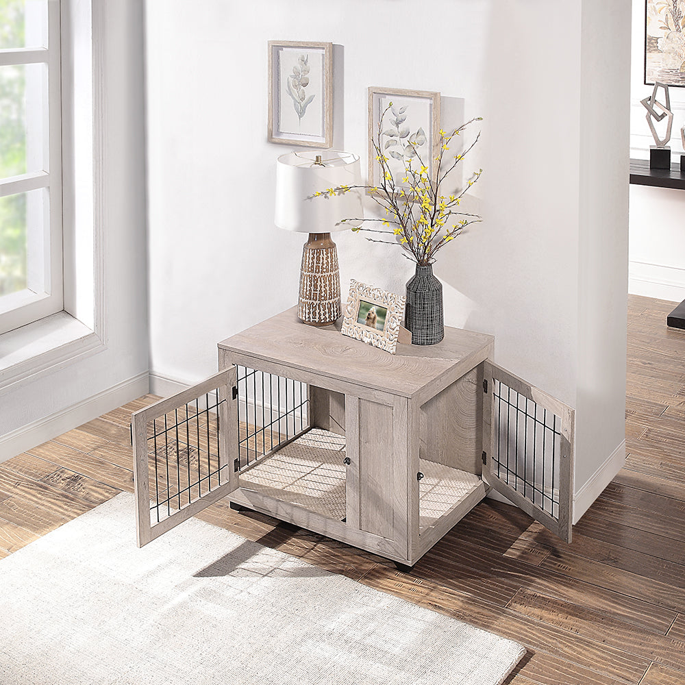 Unipaws Furniture Style Dog Crate， Wooden Wire Pet Kennels with Double Doors， Dog House Indoor Use， Weathered Gray