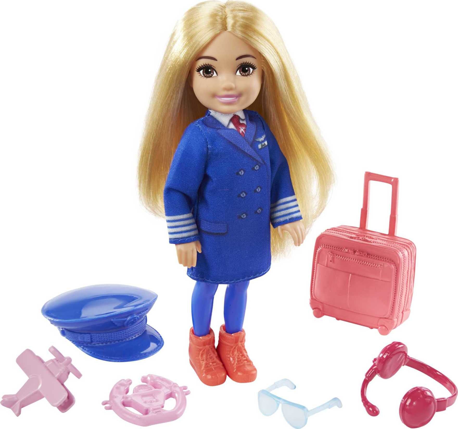 Barbie Chelsea Can Be Doll, Playset with Small Doll, Pilot Outfit, Luggage & Travel Accessories