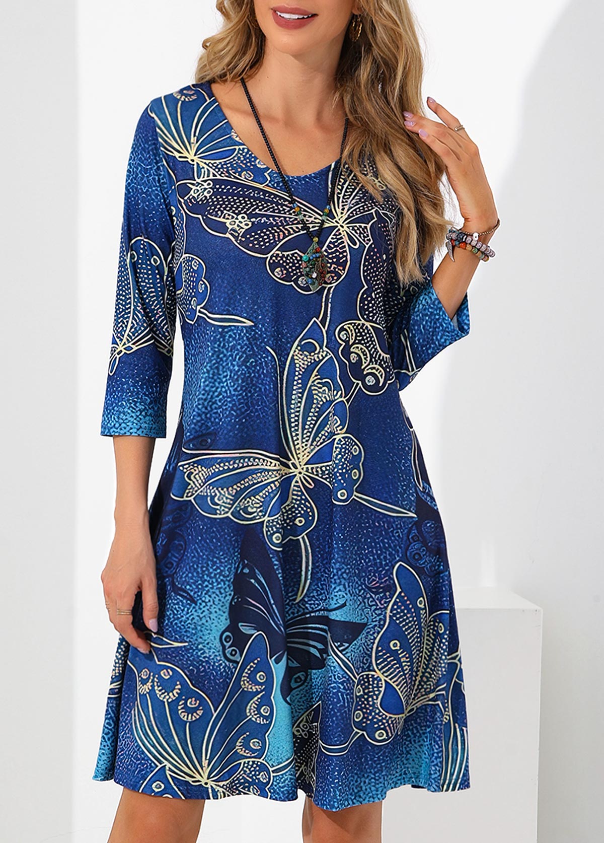 Butterfly Print 3/4 Sleeve Blue Dress