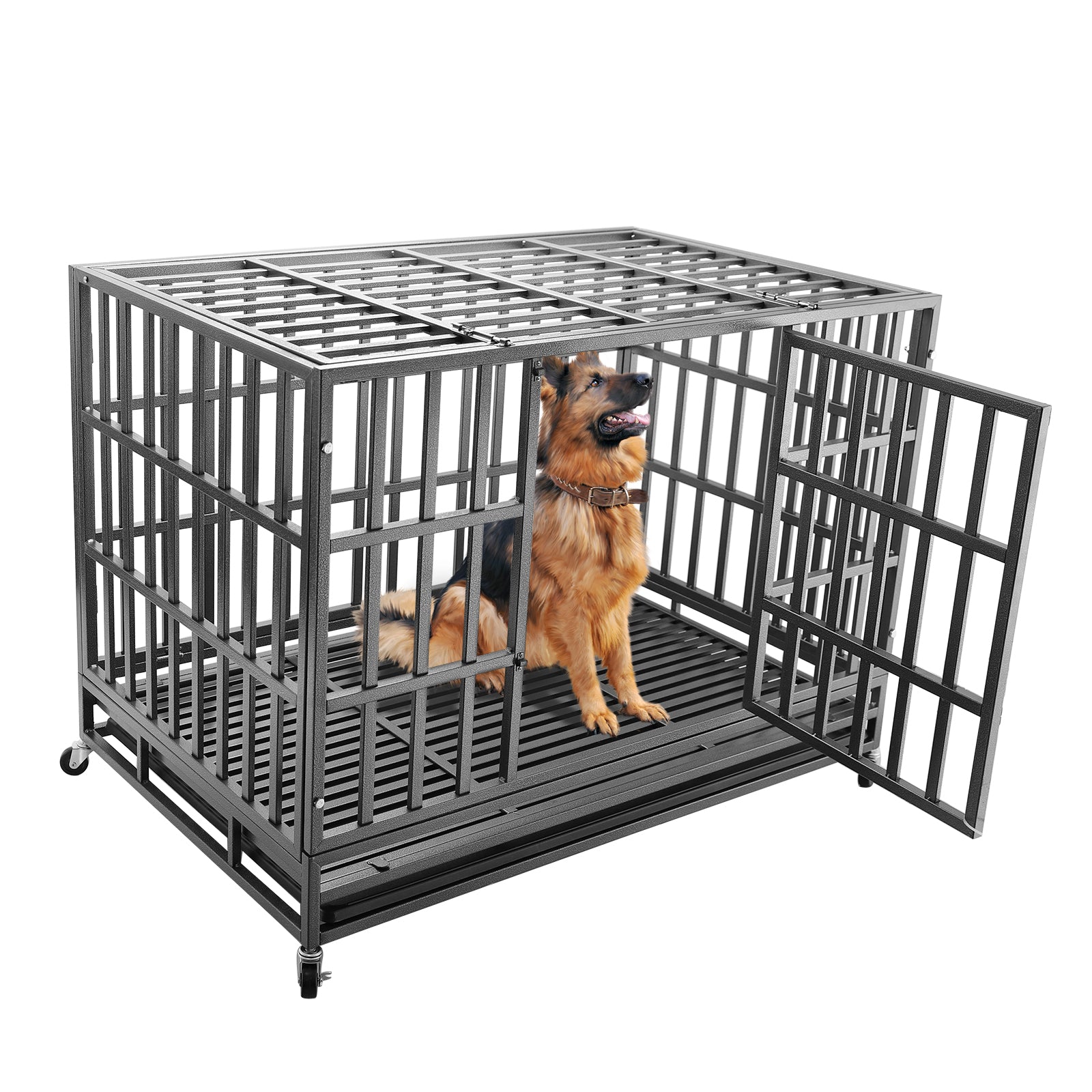 confote 47Inch Heavy Duty Dog Kennel Strong Metal Dog Cage Pet Crate for Medium and Large Dogs with Four Lockable wheels， Removeable Tray
