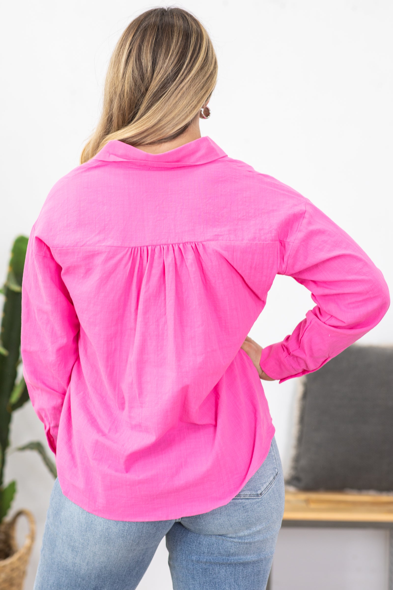 Pink Collared Button Up Woven Top