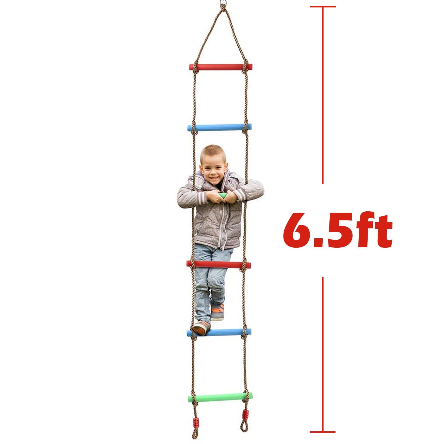 Odoland 6 Rung Rainbow Plastic Climbing Rope Ladder for Kids， Hanging Swing Ladder Toy， Children Exercise Equipment for Indoor Backyard Playground