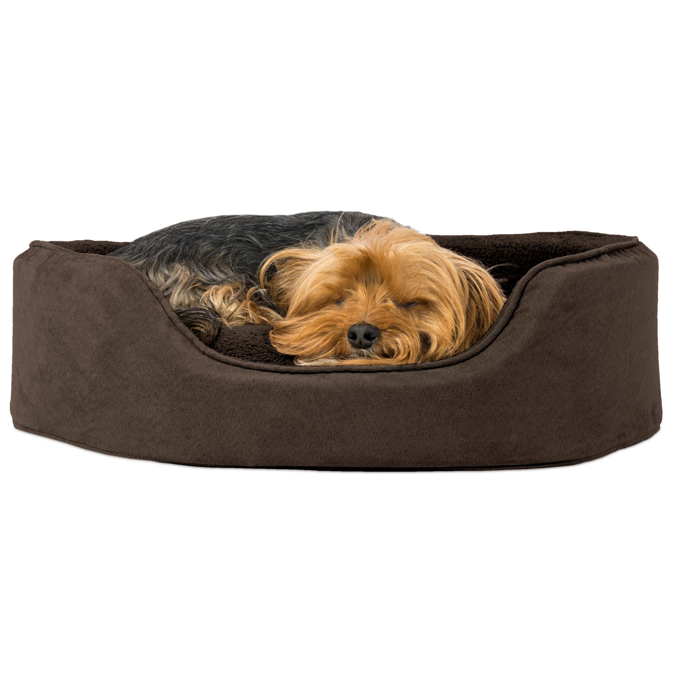 FurHaven | Oval Terry Fleece and Suede Pet Bed for Dogs and Cats， Espresso， Medium