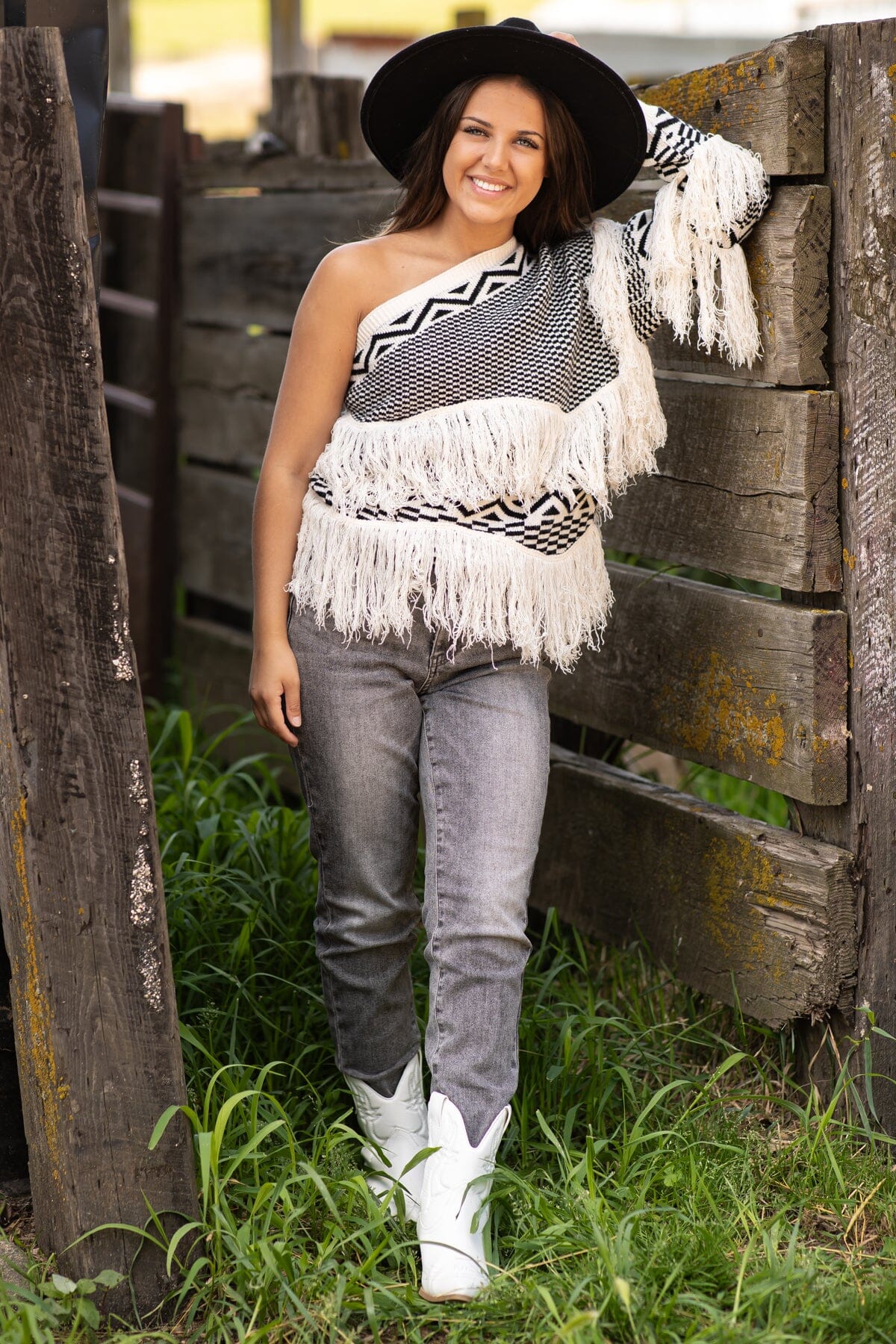 Ivory One Shoulder Sweater With Fringe