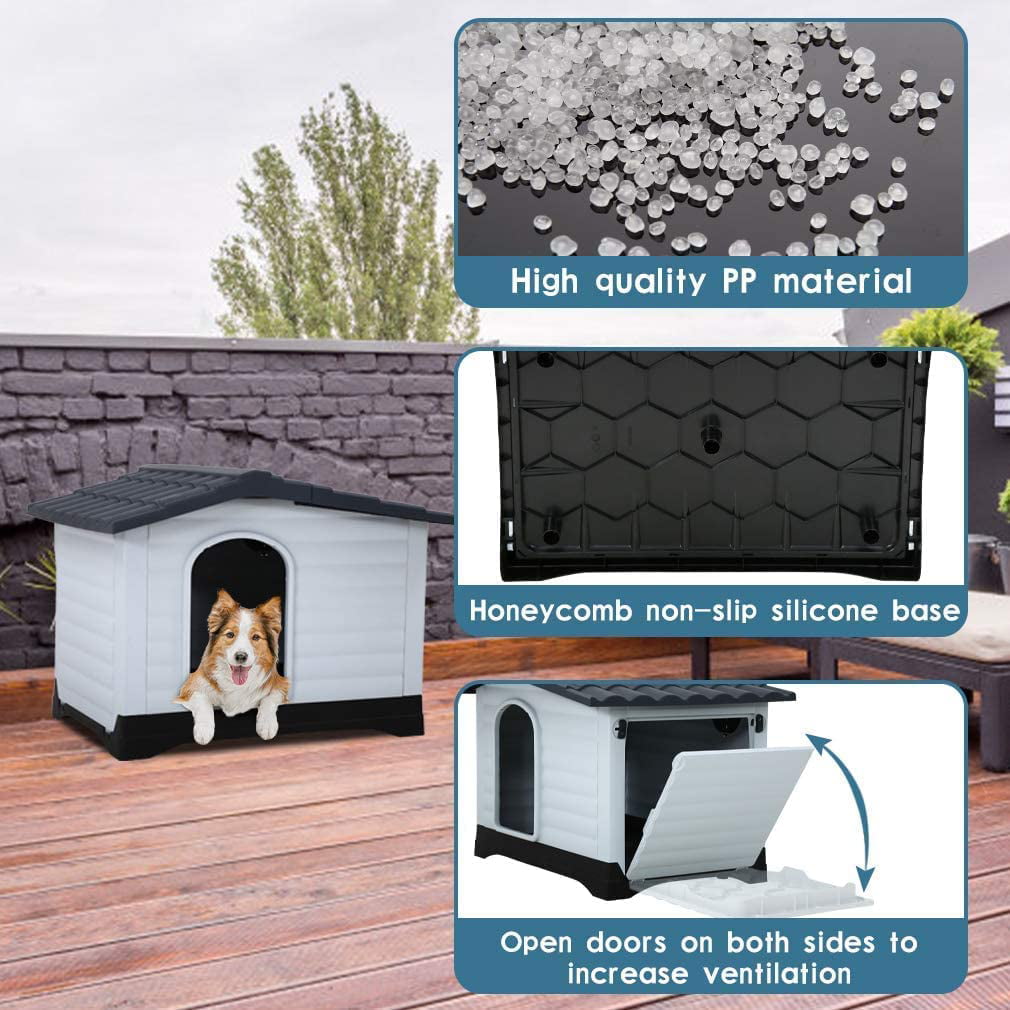Outdoor Indoor Dog House， Plastic Dog Houses Big Dog House With Base Support For Small Medium Large Dogs 26 Inch High Pet Kennel Shelter with Air Vents Elevated Floor Water Resistant