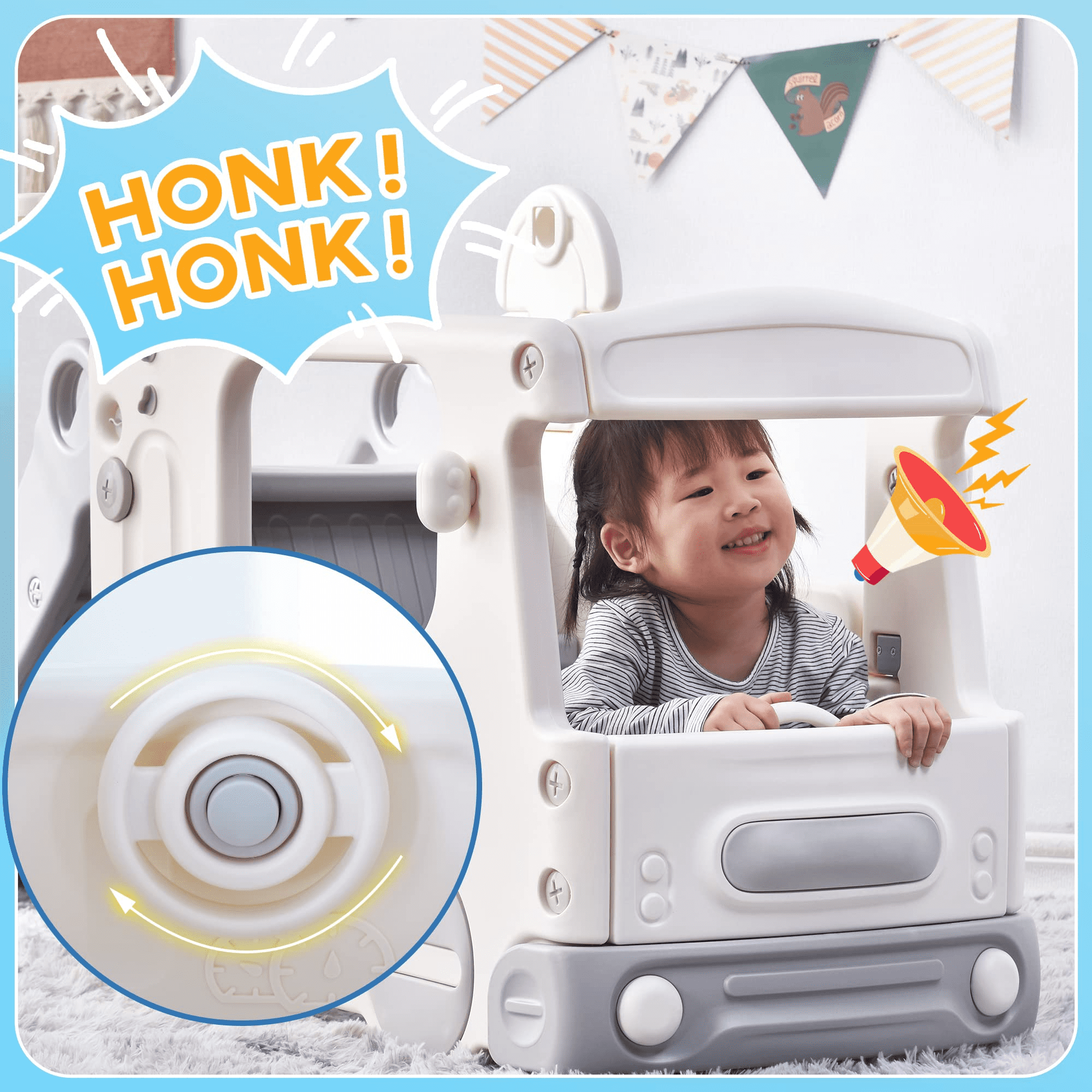 Kainsy 4-in-1 Baby Slide with Bus, Indoor Kids Slide with Basketball Hoop, Climber & Bus Playhouse, Outdoor Playground Slide for Toddler 1+ Playset, Gray and White