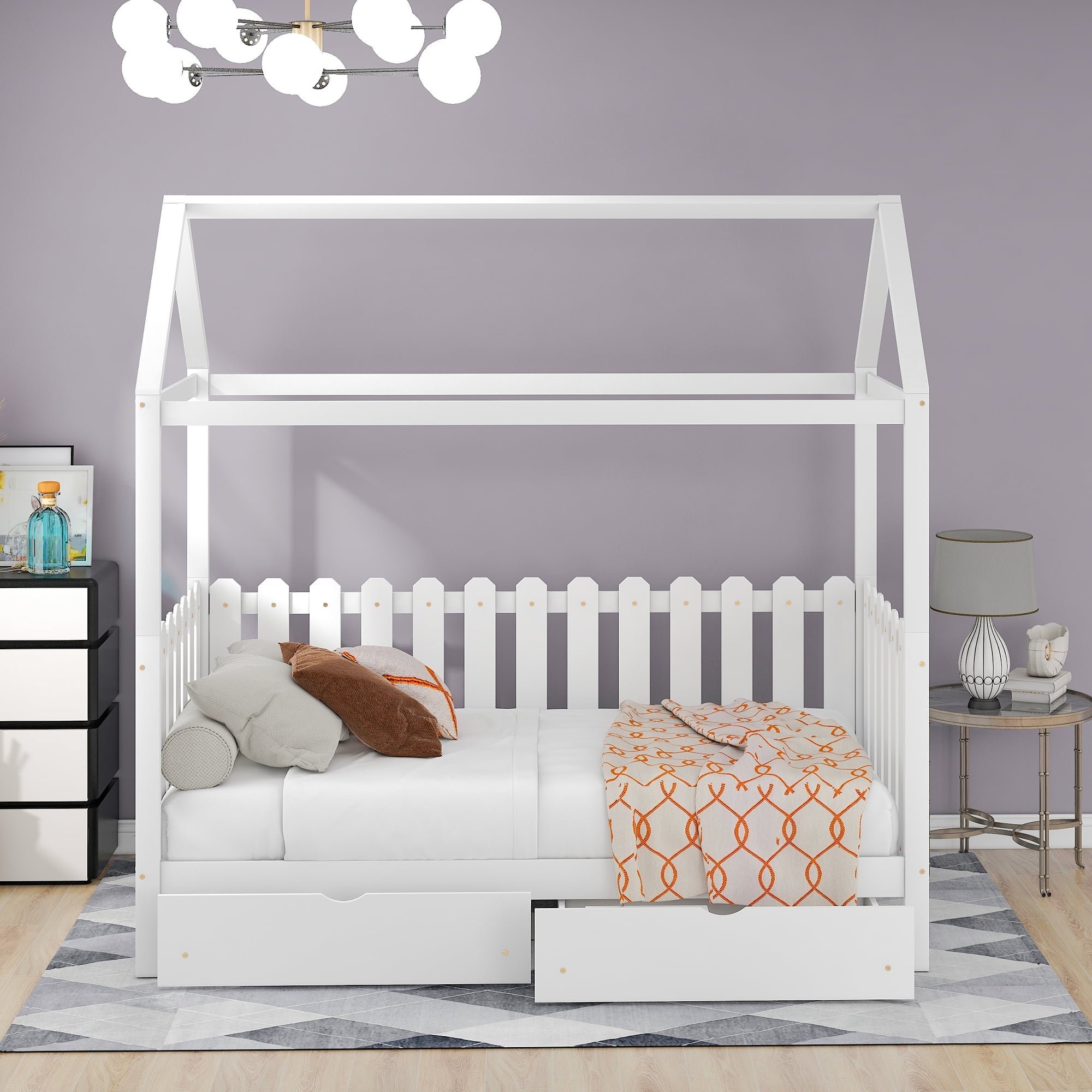 Euroco Twin Size Wood House-Shaped Bed with Drawers for Kids, White