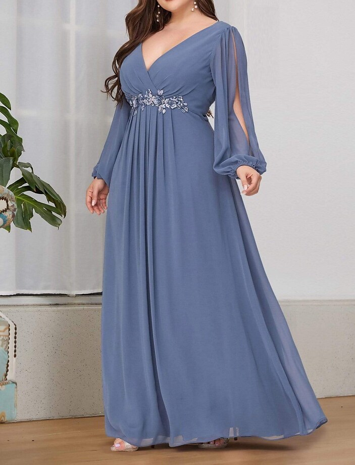 Women's Plus Size Party Dress Pure Color V Neck Long Sleeve Formal Dress