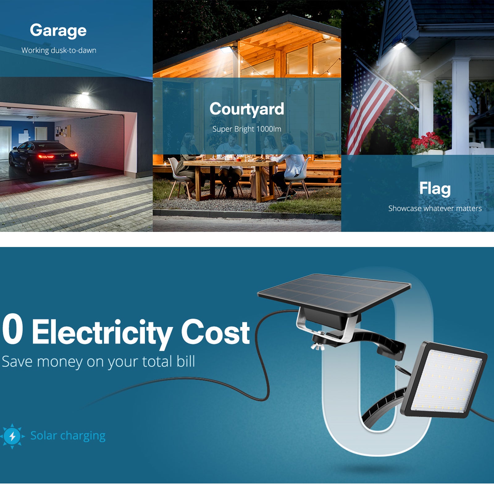 JACKYLED Solar Lights Outdoor Flood Light 1000LM 5500mAh for Wall Porch Shed Barn Garage Waterproof