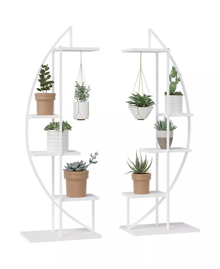 Outsunny 5 Tier Metal Plant Stand Half Moon Shape Ladder Flower Pot Holder Shelf for Indoor Outdoor Patio Lawn Garden Balcony Decor， 2 Pack， White
