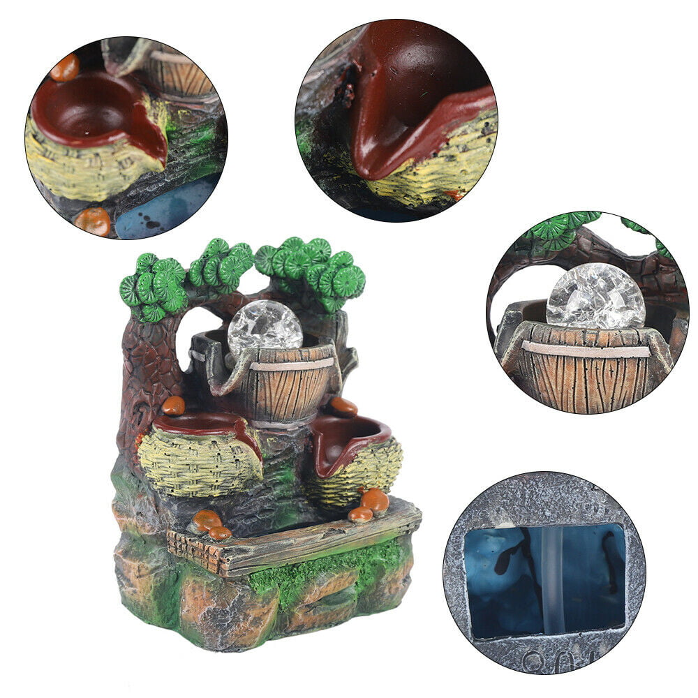 Indoor Water Fountain with Ball Rotates and Led Light Small Synthetic Resin Desktop Fountain Rockery Flowing Water Ornament Table Decoration for Home Office and Bedroom Study Room Indoor