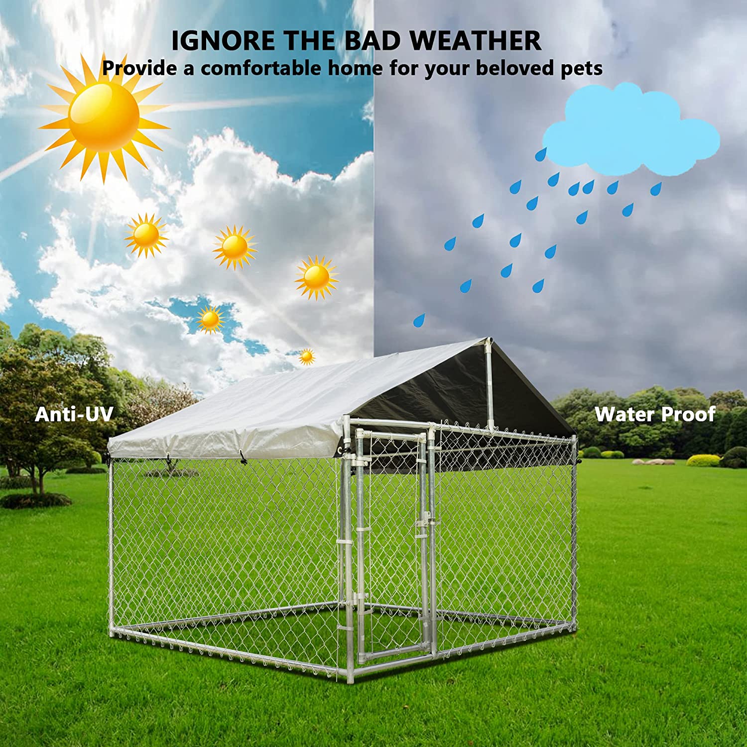 HITTITE Large Outdoor Dog Kennel， Heavy Duty Outdoor Fence Dog Cage， Anti-Rust Dog Pens Outdoor Dog Fence with Waterproof UV-Resistant Cover and Secure Lock for Backyard 6.76' L x 6.76' W x 7.61