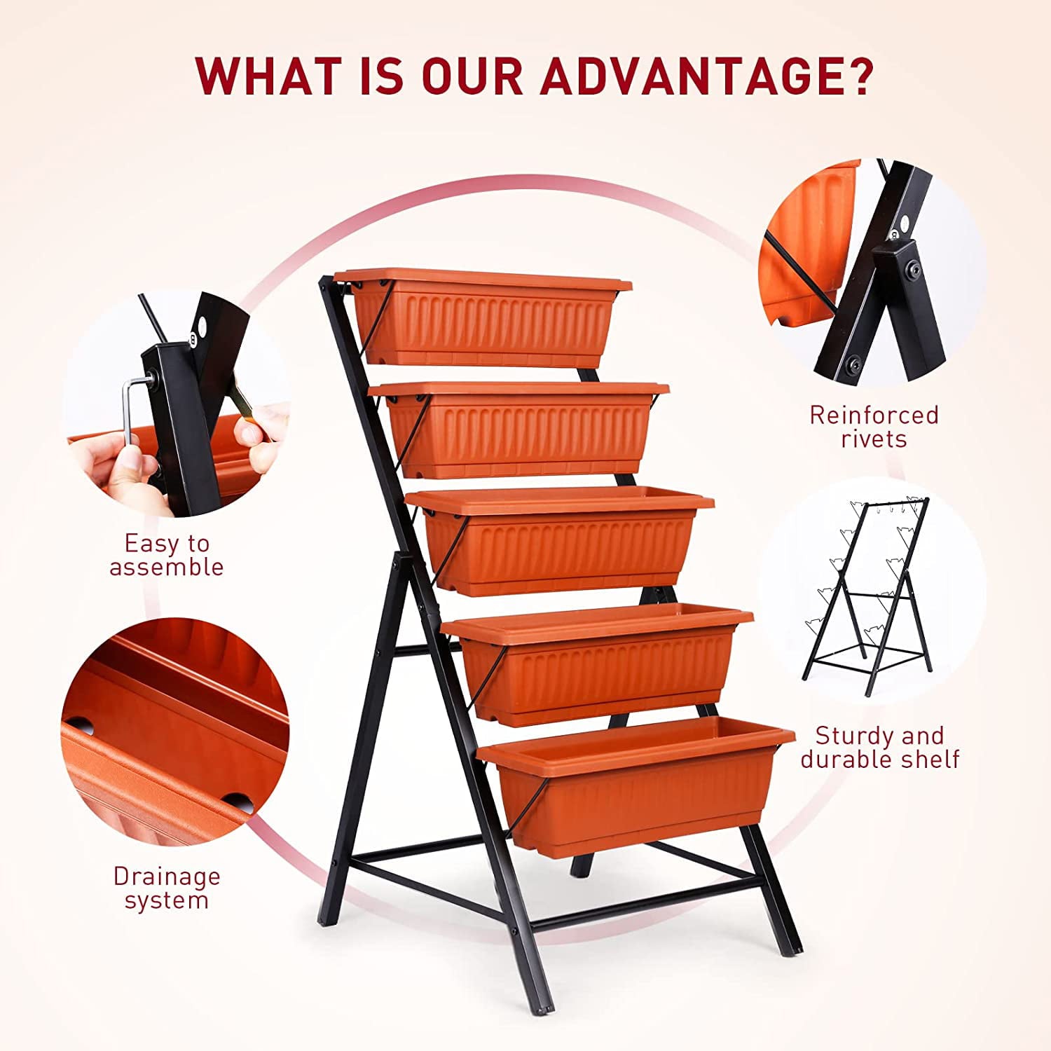 SEJOV 4 ft Vertical Garden 5-Tier Raised Garden Bed Planter Box for Patio Balcony Flower Herb Freestanding Garden Planter 22.5 in× 25.5 in× 45 in