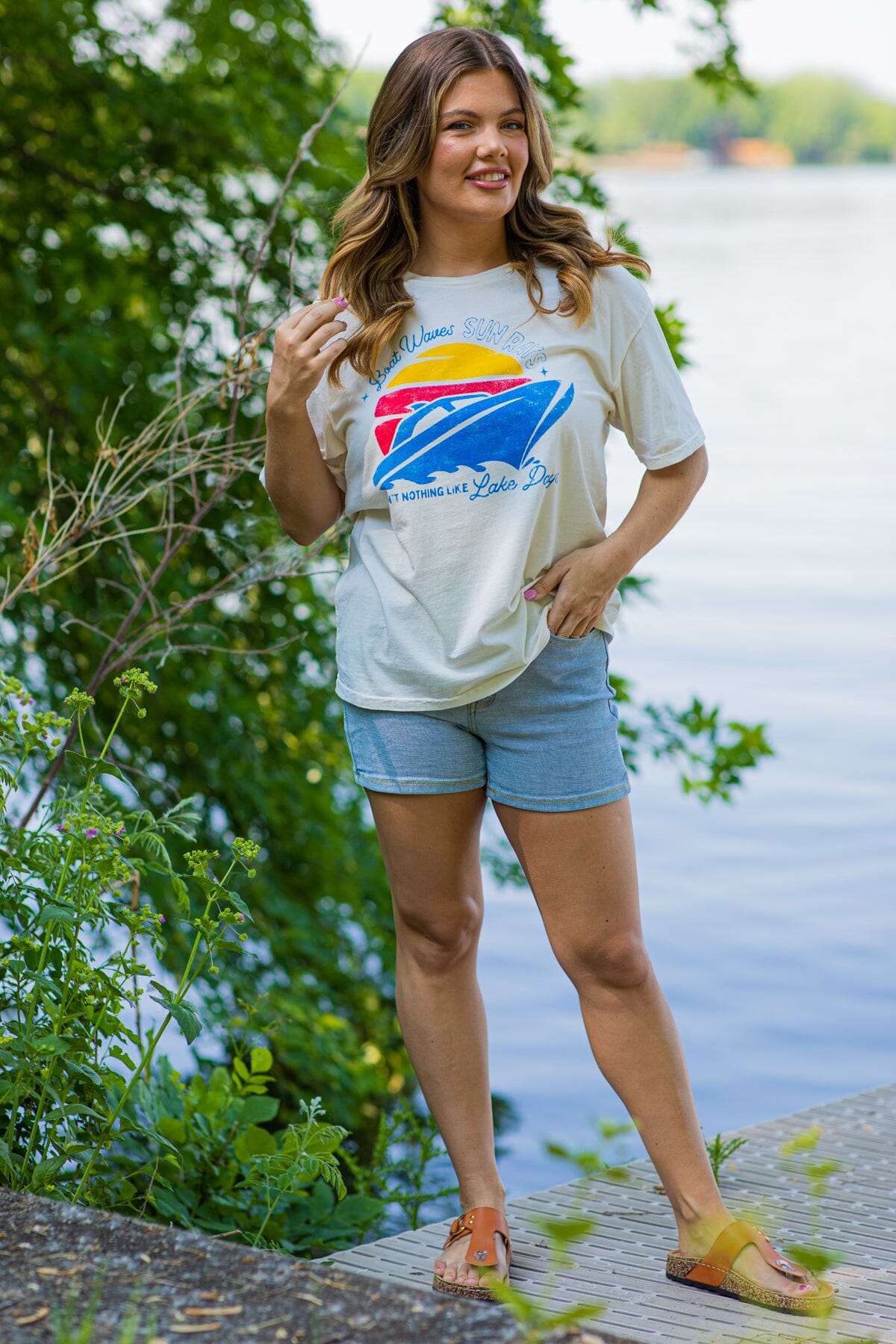 Ivory Boat Waves Sun Rays Graphic Tee