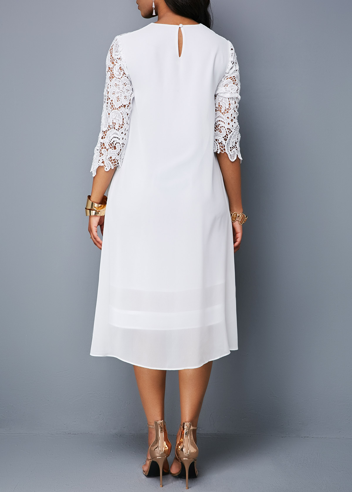 White Flyaway Round Neck Lace Patchwork Dress