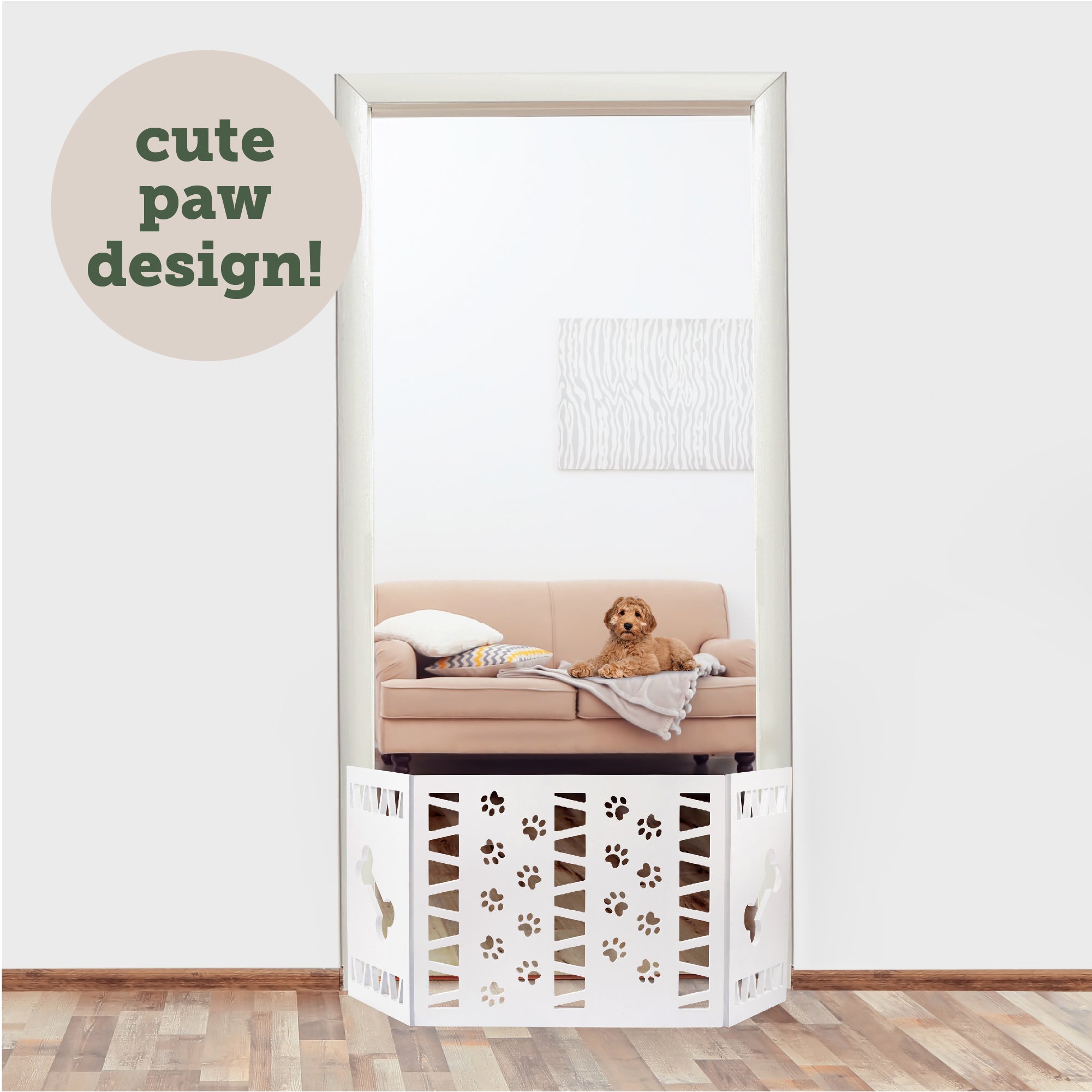 Hoovy Freestanding Decorative Pet Gate: Folding and Extending Dog and Puppy Gate for Home and Office Use | Keeps Pets Safe and Restricted to an Area | No Assembly Required (Paw Decor， White)