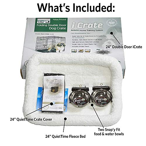 iCrate Dog Crate Starter Kit | 24-Inch Dog Crate Kit Ideal for Small Dog Breeds (weighing 13 - 25 Pounds) || Includes Dog Crate， Pet Bed， 2 Dog Bowls and Dog Crate Cover (Black)