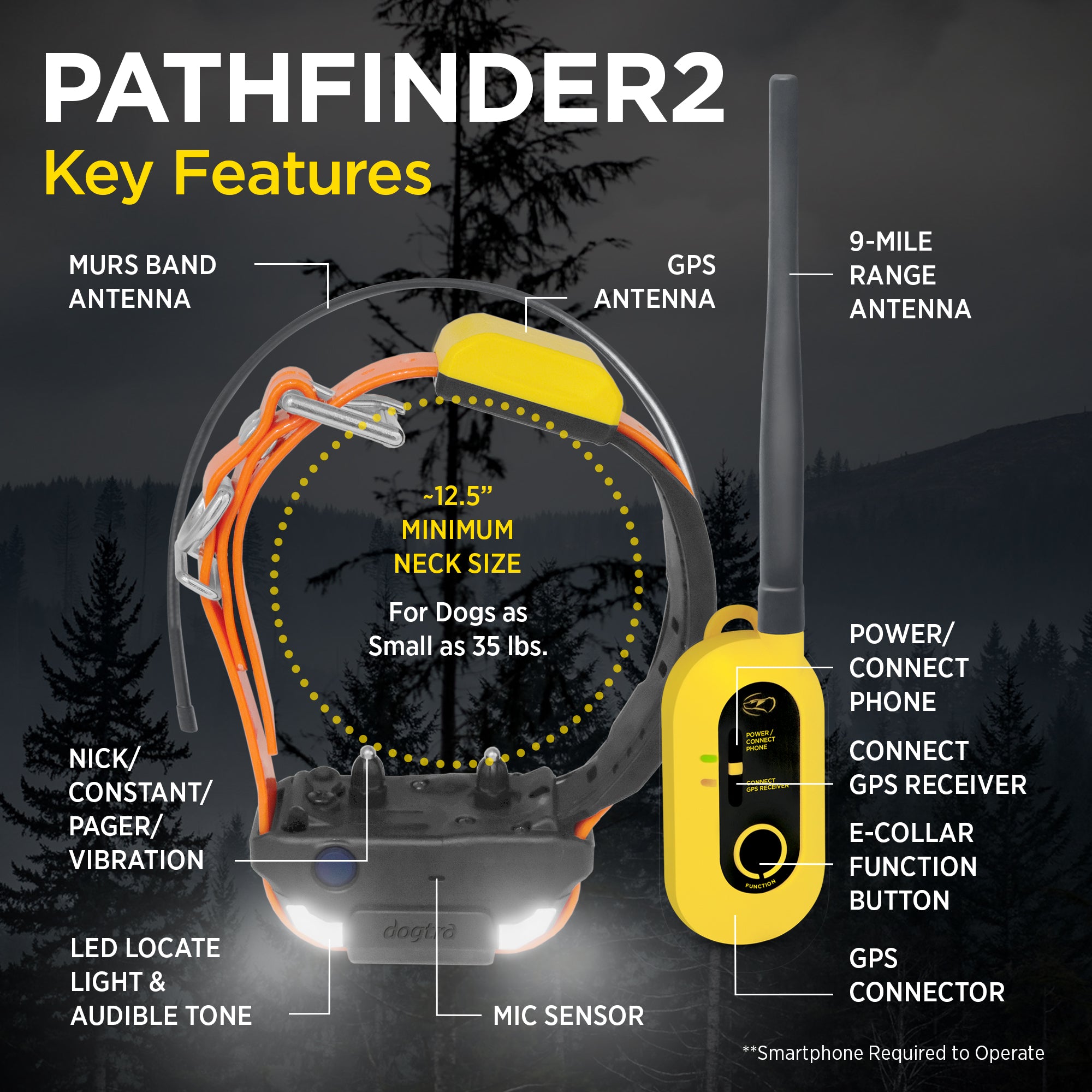 Dogtra Pathfinder 2 GPS Dog Tracker e Collar LED Light No Monthly fees Free App Waterproof Smartwatch Control Satellite Based Real Time Tracking Long Range Multiple Dogs Smartphone Required