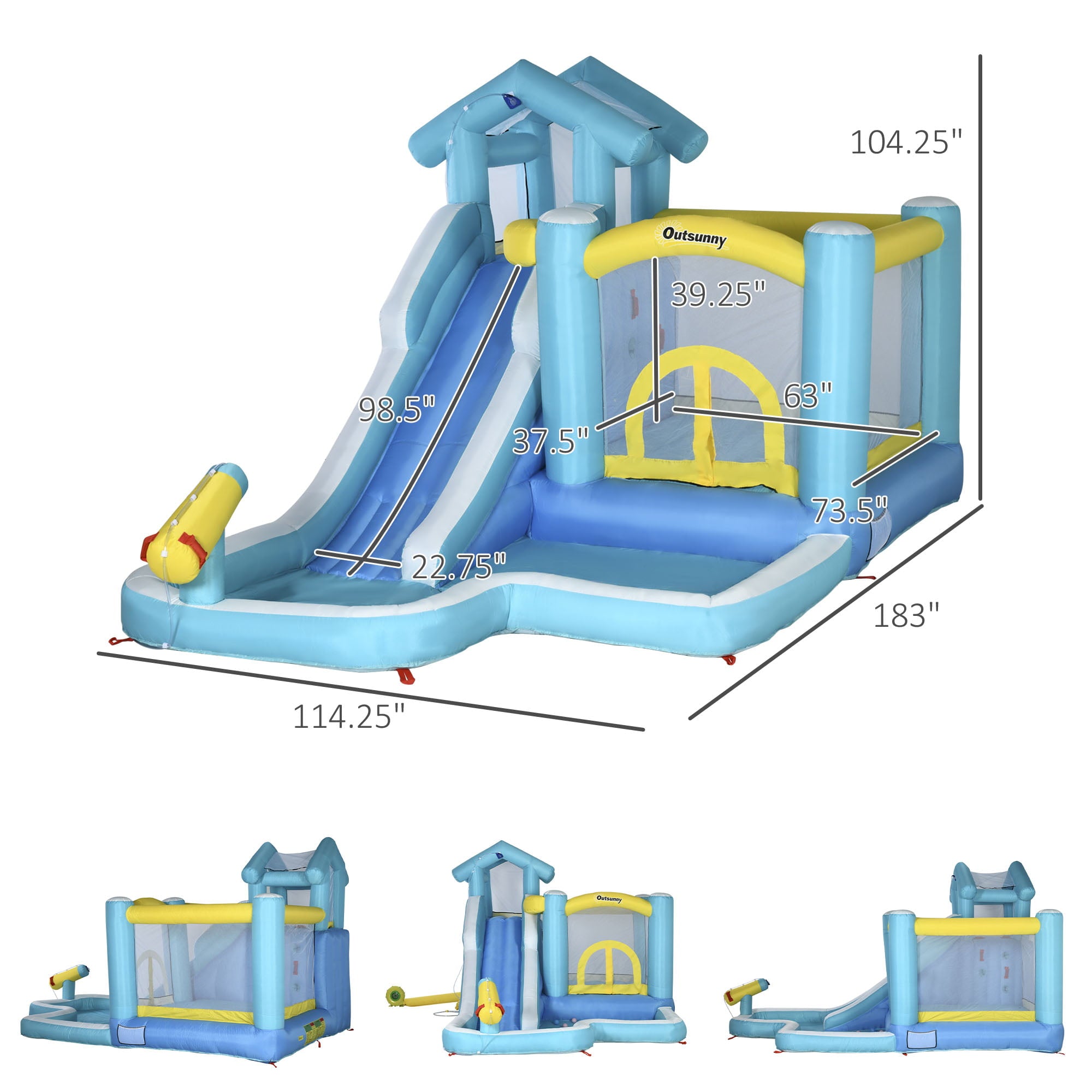 Outsunny 5-in-1 Inflatable Water Slide， Kids Castle Bounce House with Slide， Trampoline， Pool， Cannon， Climbing Wall Includes Carry Bag， Repair Patches， Ocean Balls， 680W Air Blower