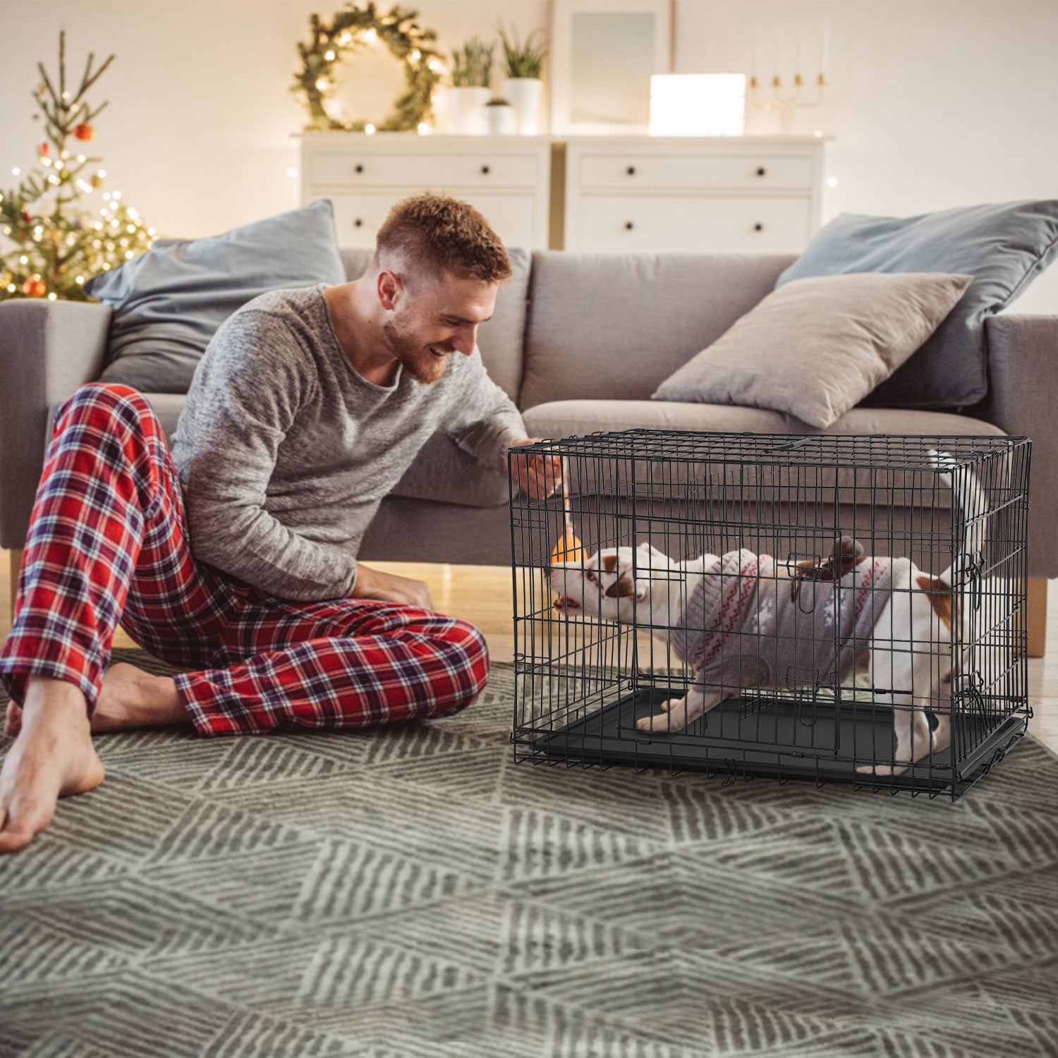 Large Dog Crate for Large Dogs，48 inch Dog Cage with Divider and Double Door for large Medium Small Dogs ，Indoor Outdoor Folding Wire Pet Dog Kennel with Tray and Handle，Black