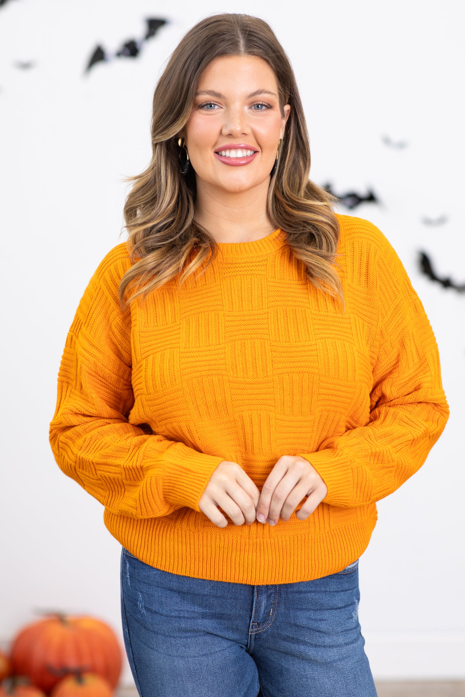 Orange Checkerboard Textured Sweater